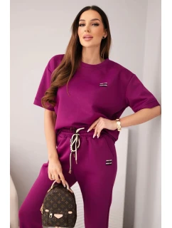 Dámský komplet viskózový máslo s krátkým rukávem a kalhotami s ohrnutým nohavicí tmavě fialový