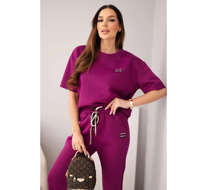 Dámský komplet viskózový máslo s krátkým rukávem a kalhotami s ohrnutým nohavicí tmavě fialový