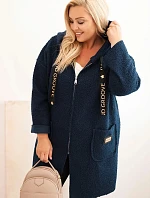Dámský kabát Plus Size z umělého beránka s kapucí a kapsami modrý