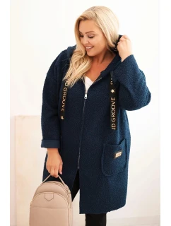 Dámský kabát Plus Size z umělého beránka s kapucí a kapsami modrý