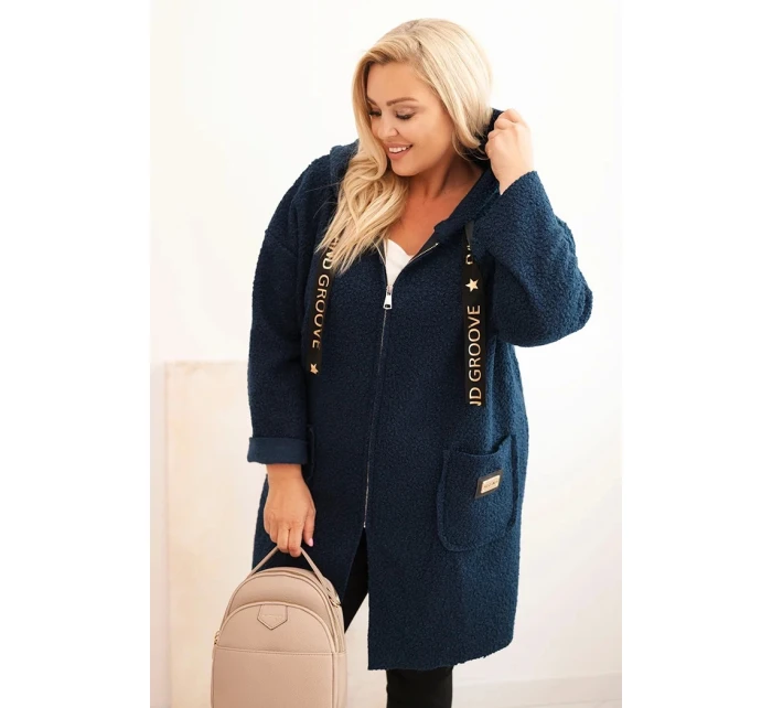 Dámský kabát Plus Size z umělého beránka s kapucí a kapsami modrý