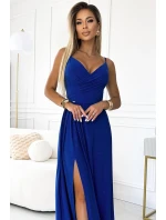 CHIARA Elegantní dlouhé dámské maxi šaty v chrpové barvě s brokátem na ramínkách model 20091452 - numoco