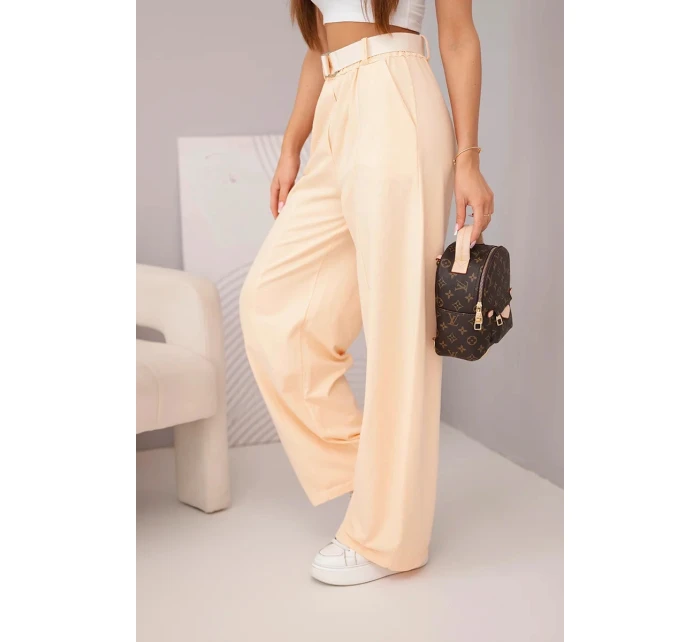 Dámské bavlněné kalhoty se širokou nohavicí a s páskem meruňkové Dámské bavlněné kalhoty se širokou nohavicí a s páskem meruňkové