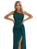 600-2 SELENA třpytivé dlouhé šaty na jedno rameno s rozparkem - zelené s třpytkami