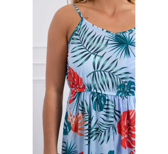 Šaty s motivem listů v modré barvě