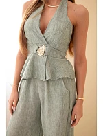 Dámský viskózový komplet – model 22079421 top a kalhoty se širokými nohavicemi khaki - K-Fashion