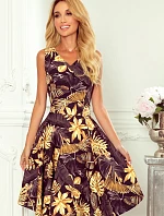 Rozšířené dámské šaty se vzorem zlatých listů a s výstřihem ve tvaru srdce 114-13