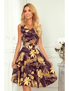 Rozšířené dámské šaty se vzorem zlatých listů a s výstřihem ve tvaru srdce 114-13