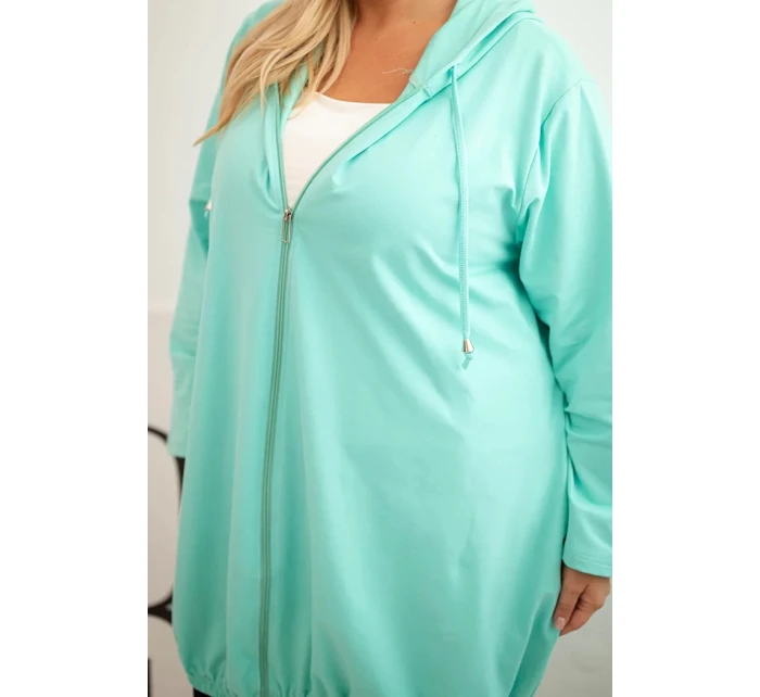 Dámská mikina Plus Size bavlněná s kapucí a zipem mátová