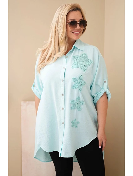 Dámská košile Plus Size z viskózy s květinovou výšivkou mentolová