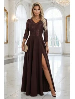 309-14 AMBER elegantní dlouhé krajkové šaty s výstřihem - čokoládové 309-14 AMBER elegantní dlouhé krajkové šaty s výstřihem - čokoládové