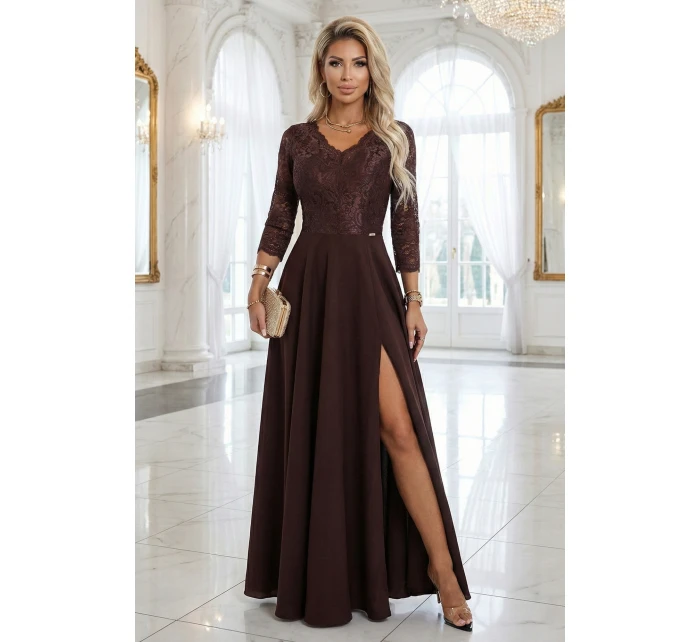 309-14 AMBER elegantní dlouhé krajkové šaty s výstřihem - čokoládové 309-14 AMBER elegantní dlouhé krajkové šaty s výstřihem - čokoládové