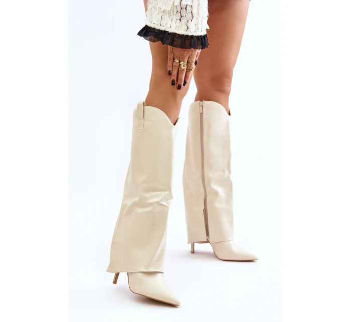 Kozačky Na Podpatku S Svrškem Světle Béžové model 21677301 - Boto