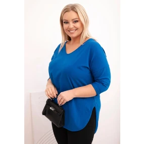 Dámská bavlněná blůza Plus Size s V výstřihem a ohrnutým rukávem chabrová