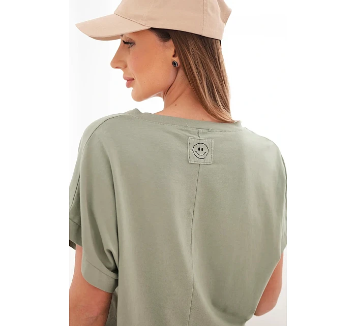 Dámská bavlněná halenka s výstřihem do V a krátkým rukávem khaki