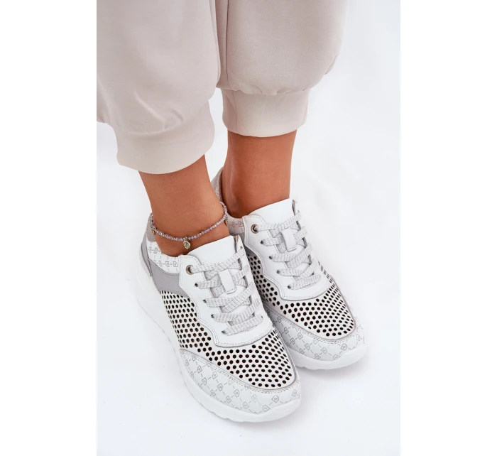 Kožené Ažurové Sportovní Boty Sneakers Na Klínu Bílé model 21691047 - S.Barski Kožené Ažurové Sportovní Boty Sneakers Na Klínu Bílé model 21691047 - S.Barski