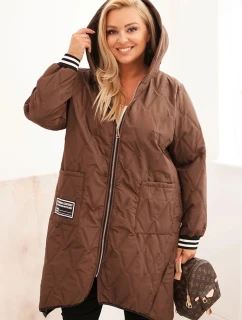 Dámská bunda Plus Size prošívaná s kapucí a model 21297092 manžetami čokoládová - K-Fashion