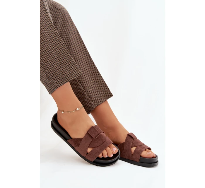 Dámské pantofle Eko semiš s pásky tmavě hnědé model 21918929 - Boto Dámské pantofle Eko semiš s pásky tmavě hnědé model 21918929 - Boto