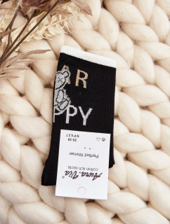 Dámské bavlněné ponožky s nápisem a medvídkem, černé