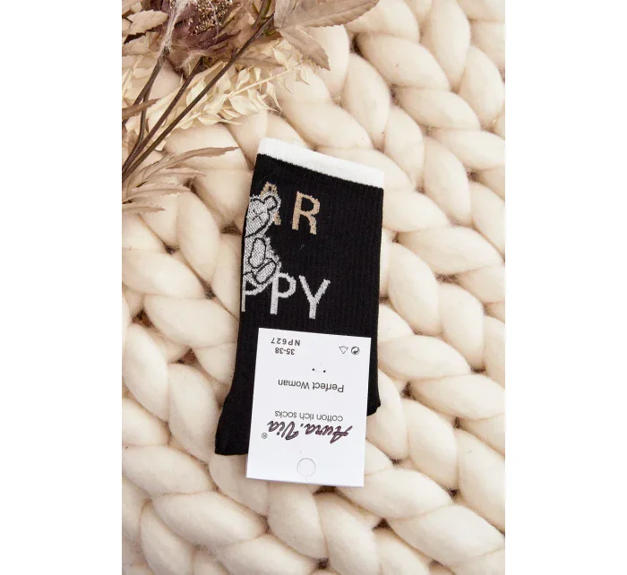 Dámské bavlněné ponožky s nápisem a medvídkem, černé Dámské bavlněné ponožky s nápisem a medvídkem, černé