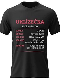 Dámské bavlněné tričko s potiskem - HODINOVÁ SAZBA UKLÍZEČKA - černé