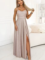 589-4 Dlouhé šaty s jemným třpytem a korzetovým zavazováním na zádech - béžovo-růžové s třpytkami