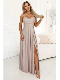 589-4 Dlouhé šaty s jemným třpytem a korzetovým zavazováním na zádech - béžovo-růžové s třpytkami