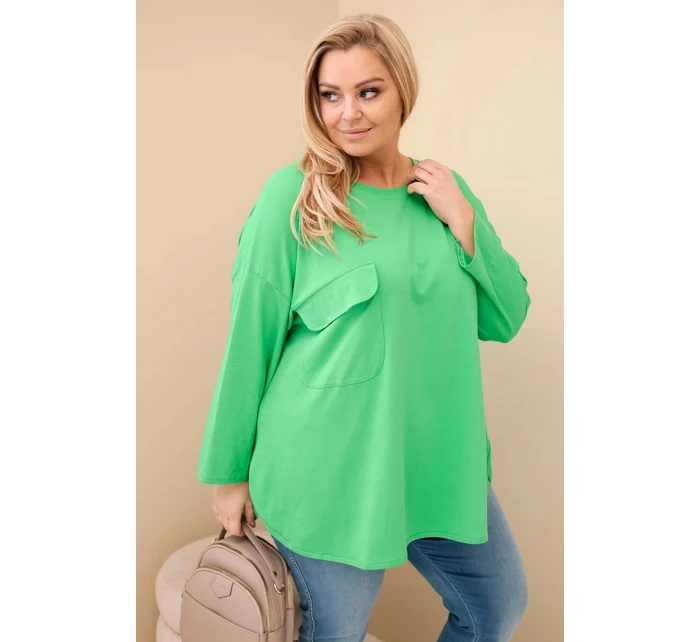 Dámská blůza Plus Size s kapsou a ohrnovacími rukávy z bavlny světle zelená