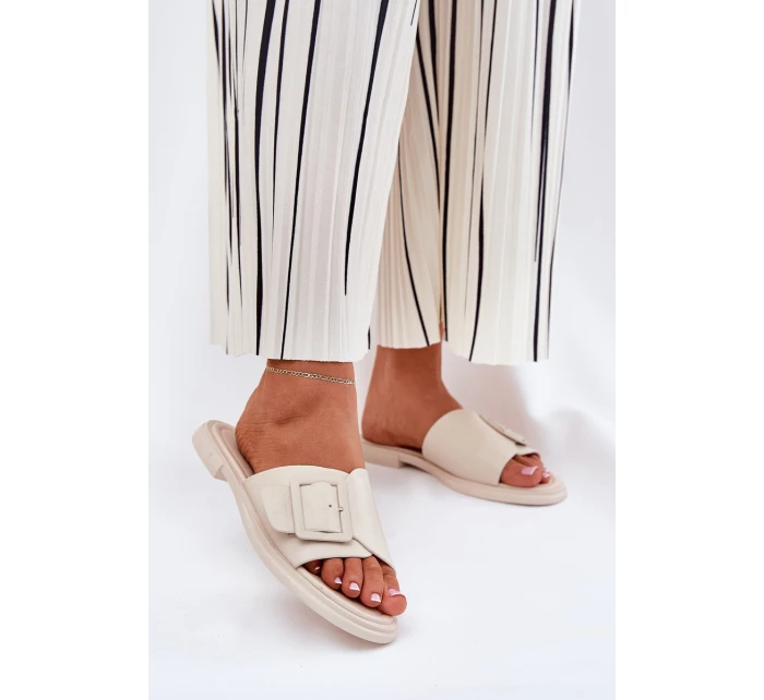 Kožené Dámské Pantofle S Přezkou D&A Béžové SJ2302-01