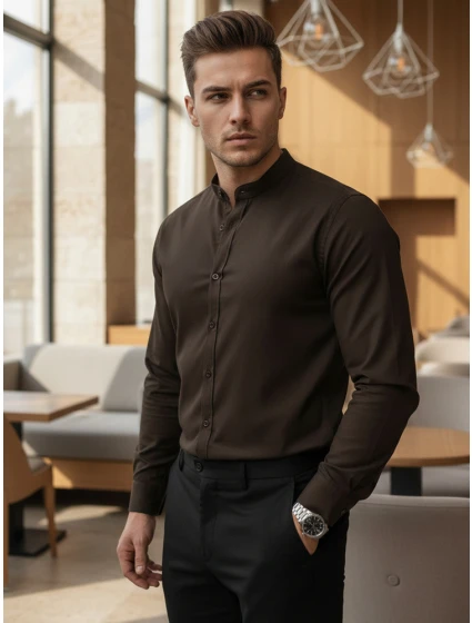 Pánská neformální košile SLIM FIT se stojáčkem hnědá FashionStreet DX2678 Pánská neformální košile SLIM FIT se stojáčkem hnědá FashionStreet DX2678