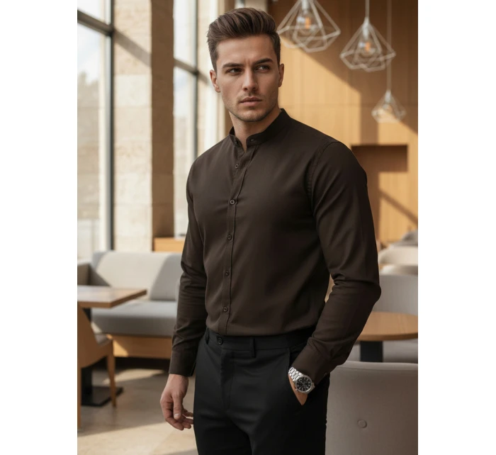 Pánská neformální košile SLIM FIT se stojáčkem hnědá FashionStreet DX2678 Pánská neformální košile SLIM FIT se stojáčkem hnědá FashionStreet DX2678