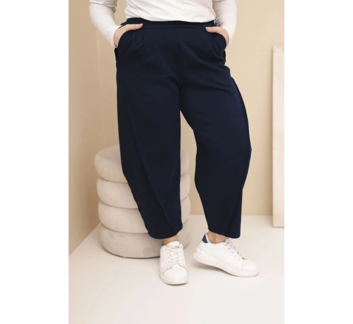 Dámské bavlněné kalhoty Plus Size volného střihu s vysokým pasem modré Dámské bavlněné kalhoty Plus Size volného střihu s vysokým pasem modré