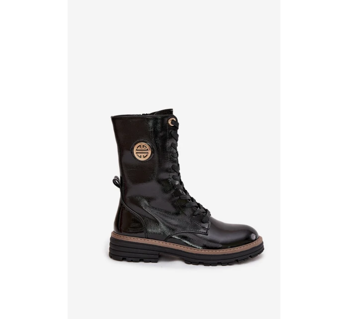 Lakované dámské workery s teplou podšívkou a zlatým detailem Dorialine – černé