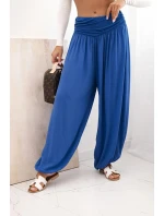 Dámské viskózové kalhoty s širokými nohavicemi a volánky chrpově modrá