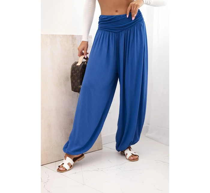 Dámské viskózové kalhoty s širokými nohavicemi a volánky chrpově modrá