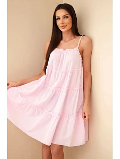 Dámské bavlněné šaty na ramínka s volánky cukrově růžová