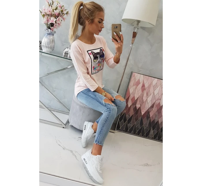 Halenka s 3D grafikou kočky pudrově růžová Halenka s 3D grafikou kočky pudrově růžová