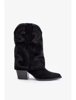 Zdobené Kotníkové Kovbojské Boty Do Půlky Lýtka Na Podpatku S.Barski Černé Zdobené Kotníkové Kovbojské Boty Do Půlky Lýtka Na Podpatku S.Barski Černé