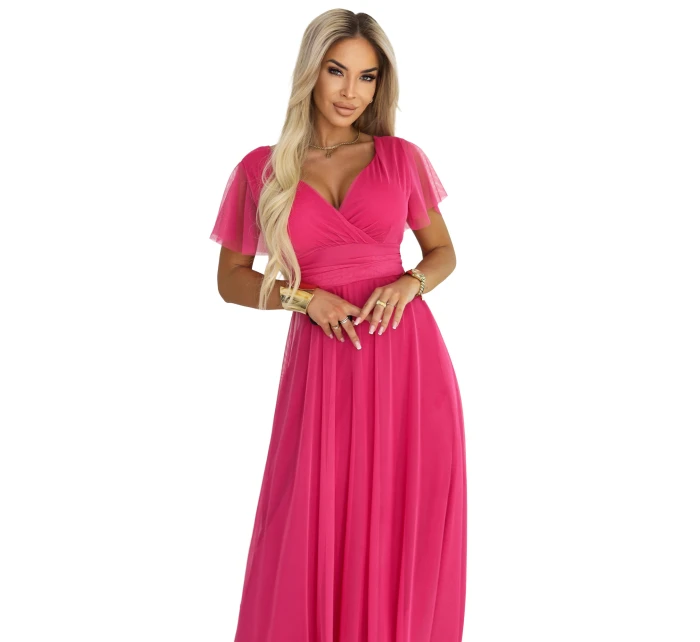 562-9 NASTIA Dlouhé šaty s výstřihem, kosticemi a krátkými rukávy - malinový sorbet