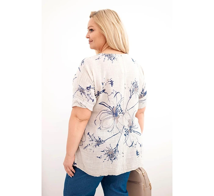 Dámská bavlněná halenka Plus Size s krátkým rukávem a kapsou béžová