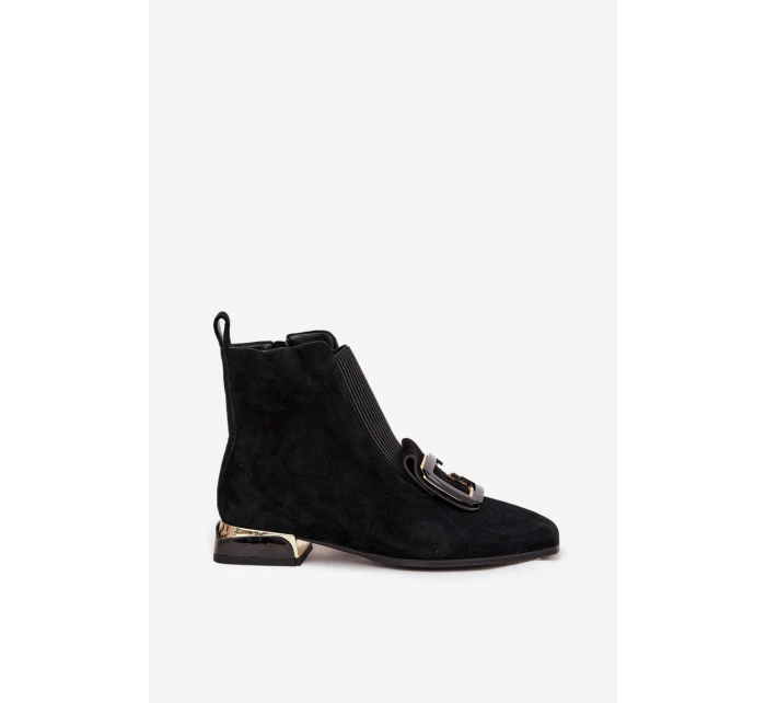 Kožené semišové dámské kotníky na nízkém podpatku s ozdobou D&A MR52-217 Černé