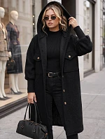 Dámský dlouhý kabát z ovčí kůže s kapucí, černý, FashionStreet NY0798