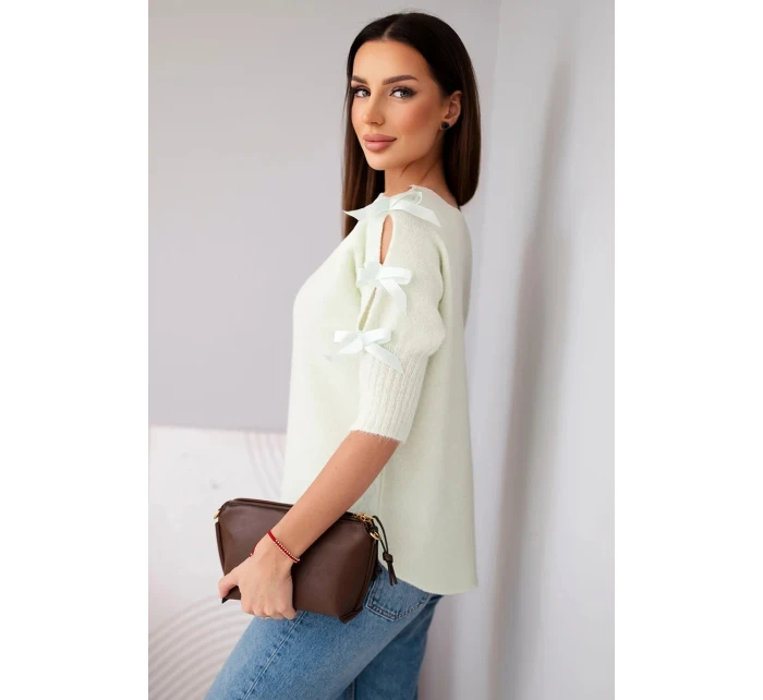 Dámský svetr s krátkým rukávem a ozdobnými mašličkami mátový