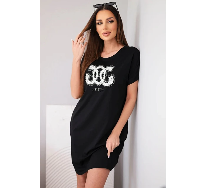 Dámské viskózové šaty s krátkým rukávem a ozdobným potiskem černá