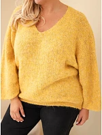 Dámský svetr Plus Size s výstřihem do V a širokým rukávem hořčicová