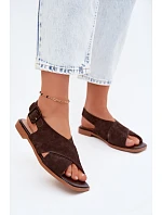 Kožené Semišové Dámské Sandály Na Ploché Podpatky D&A model 22133766 Čokoládové - S.Barski