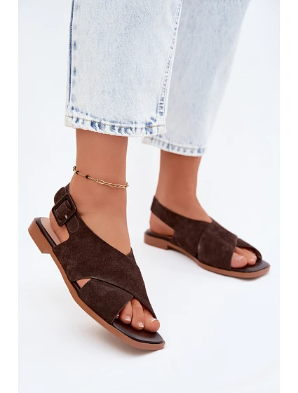 Kožené Semišové Dámské Sandály Na Ploché Podpatky D&A model 22133766 Čokoládové - S.Barski