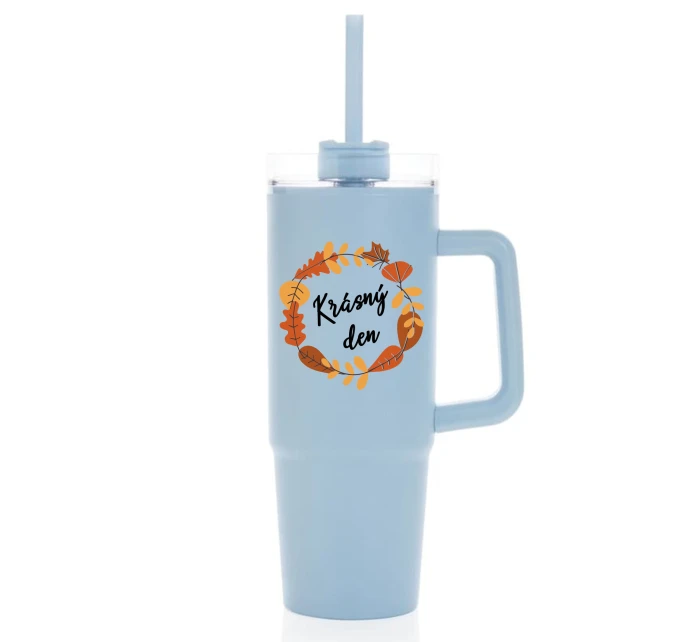 KRÁSNÝ DEN (PODZIM) - světle modrý cestovní termohrnek s průhledným víčkem 900 ml  