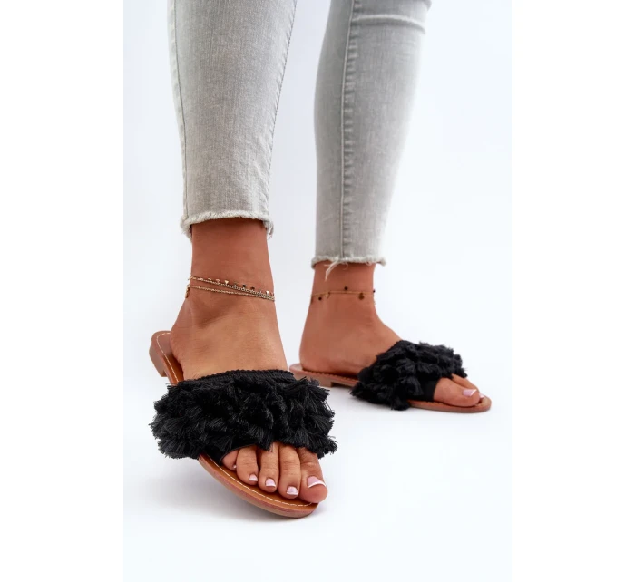 Dámské ploché pantofle s třásněmi, černá Rialle