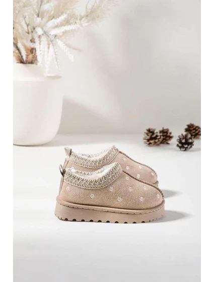 Dětské sněhule s květinami, zateplené kožíškem Palina – béžové